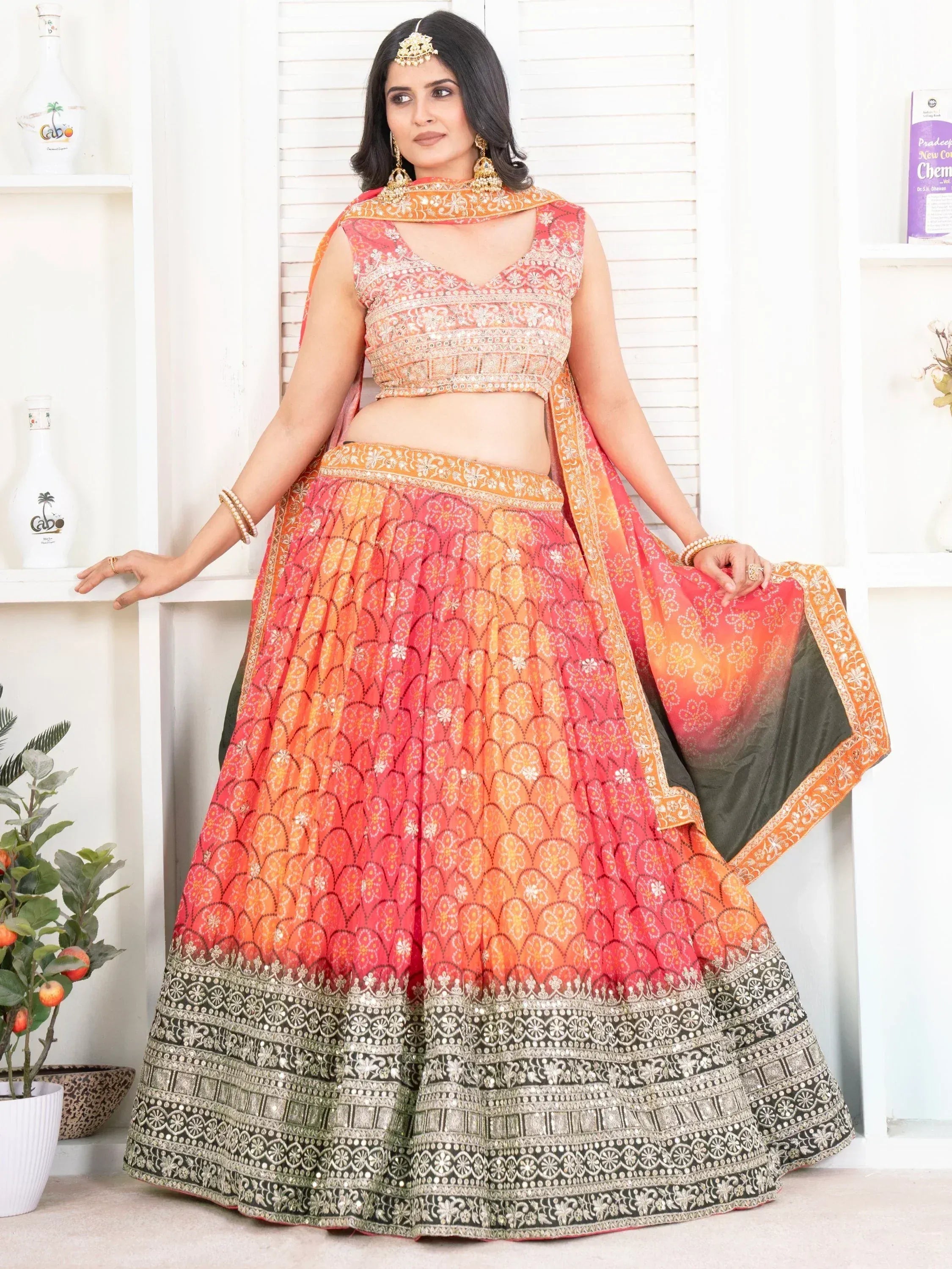 Orange pink ombre lehenga choli with floral embroidery and gold border, Indian ethnic wear