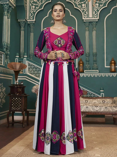 Amazing Multi Color Mirror Work Rayon Lehenga Choli With Jacket - Ethnic Plus In