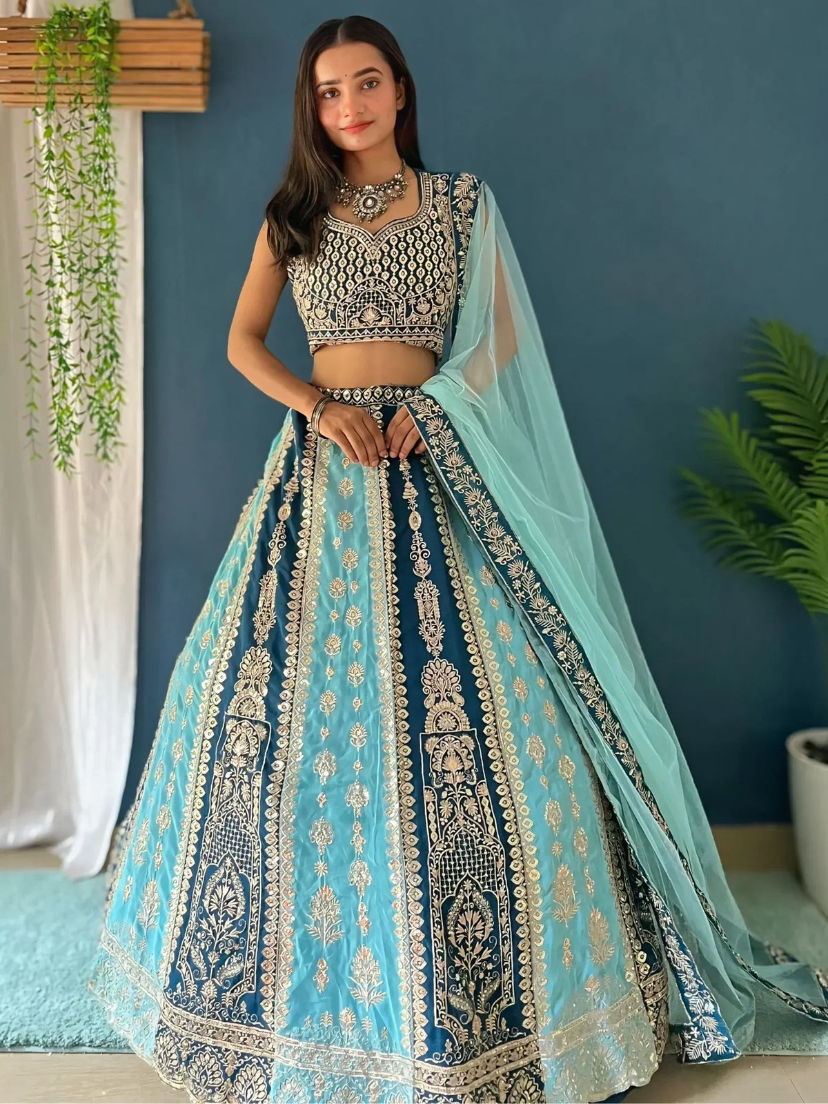 Blue and gold embroidered lehenga choli with matching dupatta, Indian ethnic wear for women