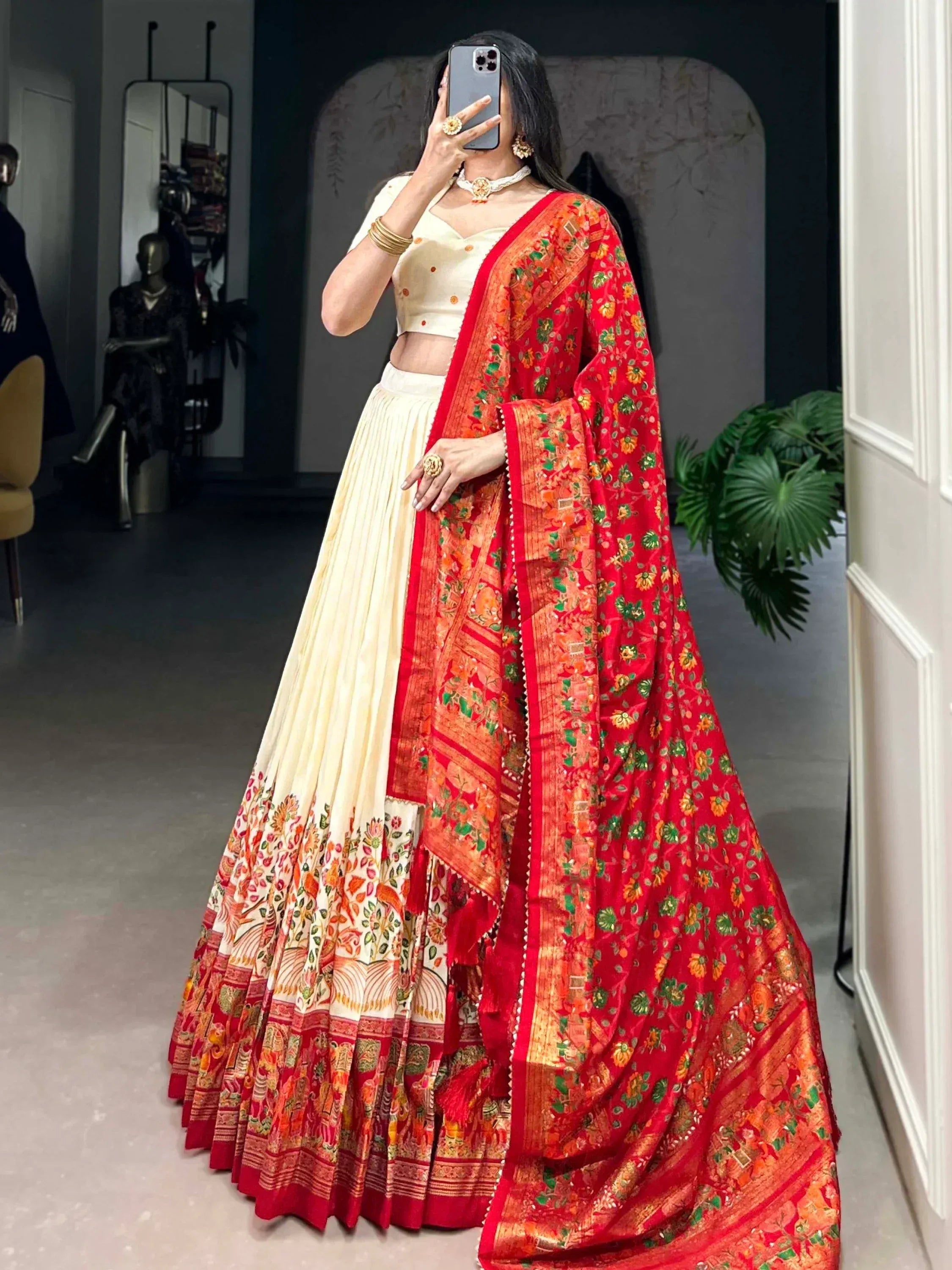 Red floral lehenga choli with cream blouse and dupatta, Indian ethnic wear for weddings and festivals