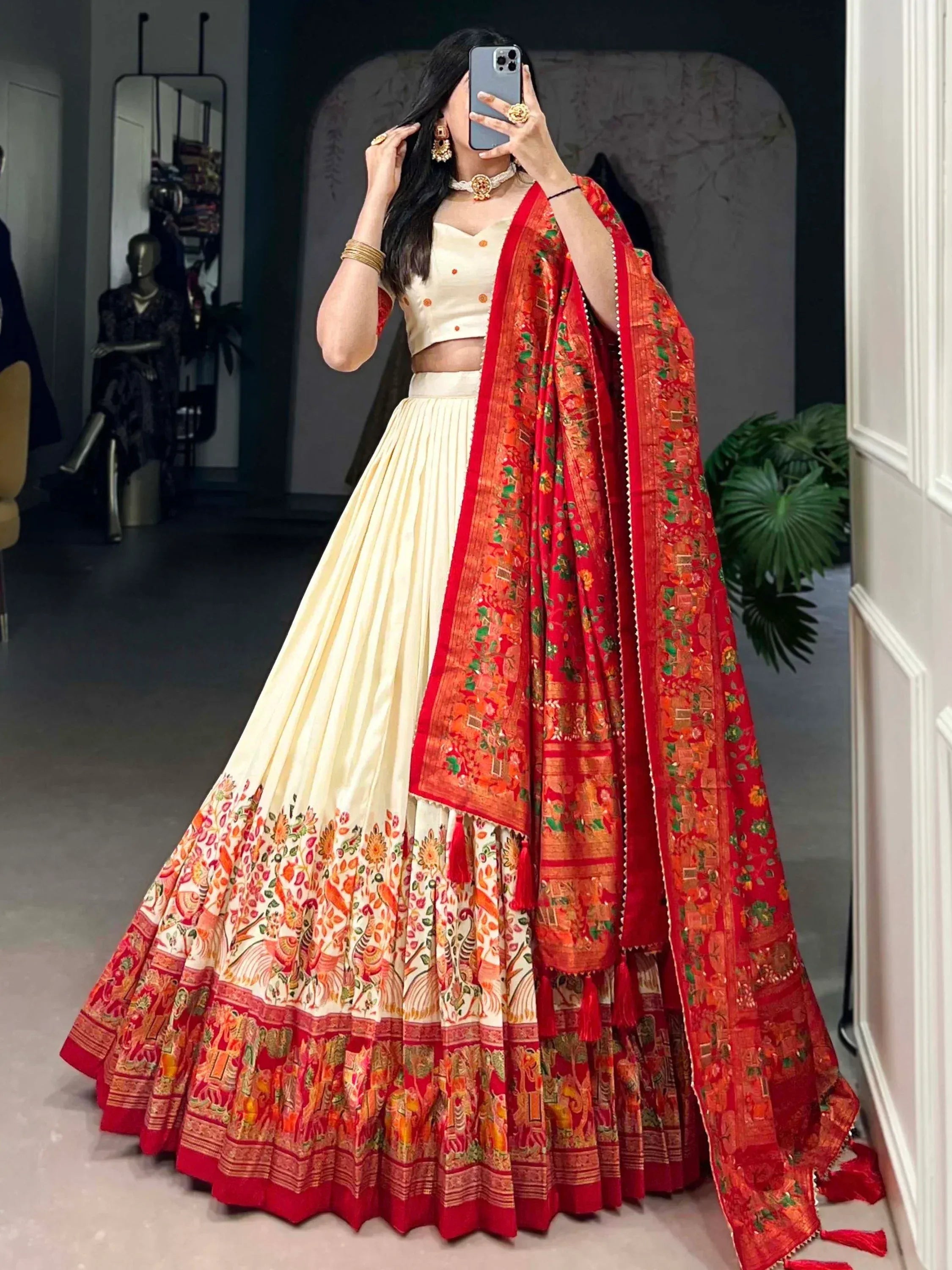 Cream and red embroidered lehenga choli with floral dupatta, Indian ethnic wear for weddings and festivals