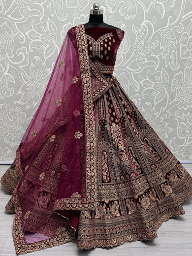 Amazing Pink Dori Work Velvet Bridal Lehenga Choli With Double Dupatta - Ethnic Plus In