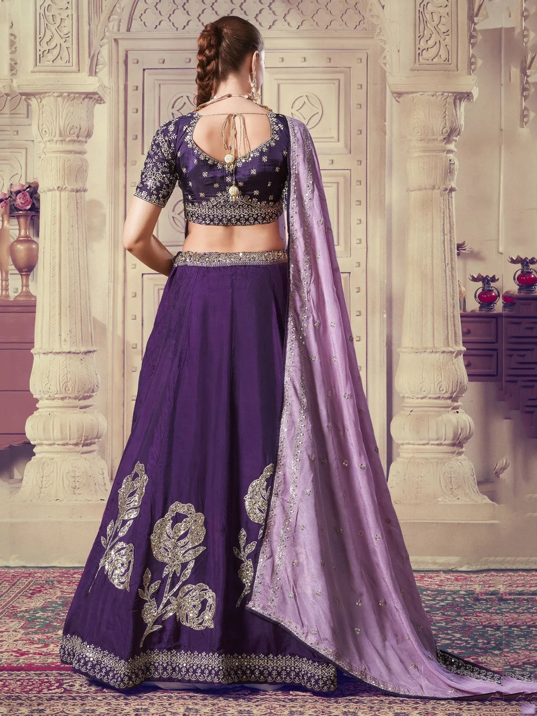 Purple designer lehenga choli with gold embroidery, back view, ethnic Indian wear
