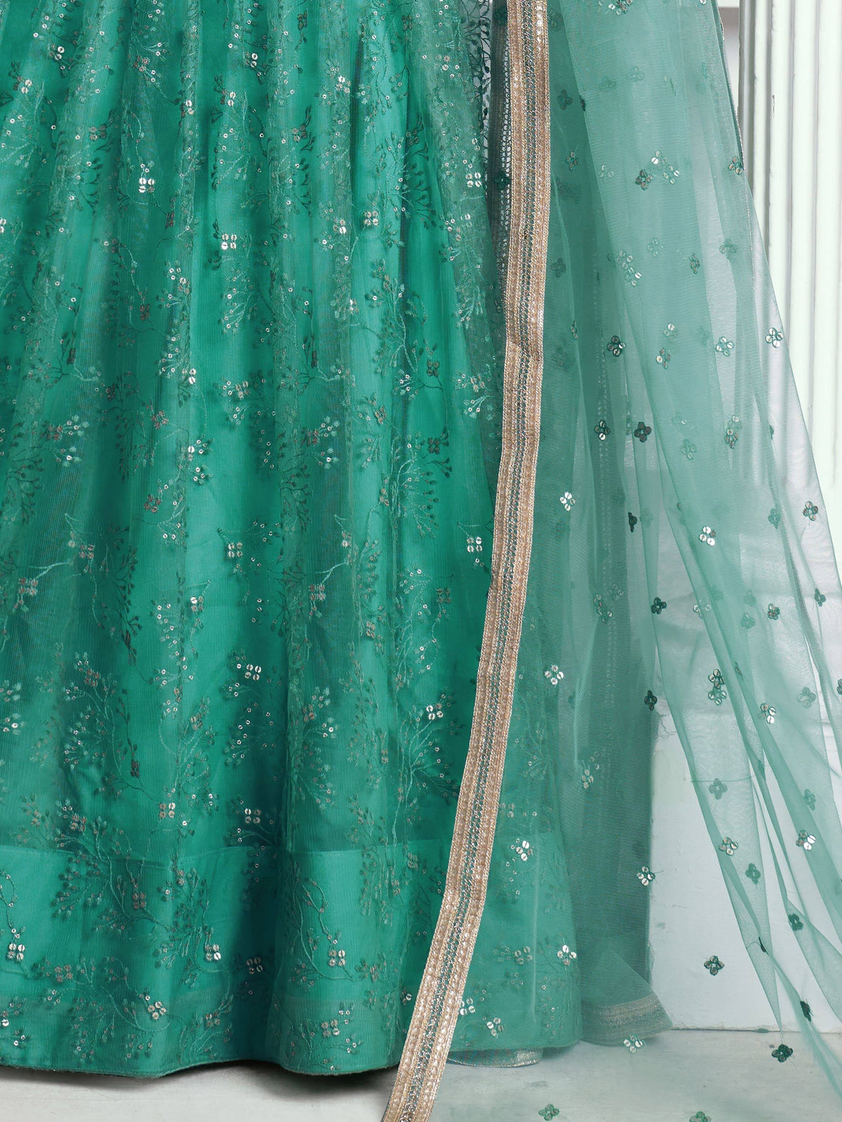 Emerald green lehenga with floral sequin embroidery and sheer dupatta, Indian ethnic wear