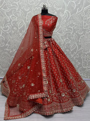 Amazing Red Hand Work Net Bridal Lehenga Choli With Double Dupatta - Ethnic Plus In