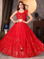 Amazing Red Thread Work Georgette Designer Lehenga Choli - Ethnic Plus In