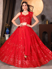 Amazing Red Thread Work Georgette Designer Lehenga Choli - Ethnic Plus In