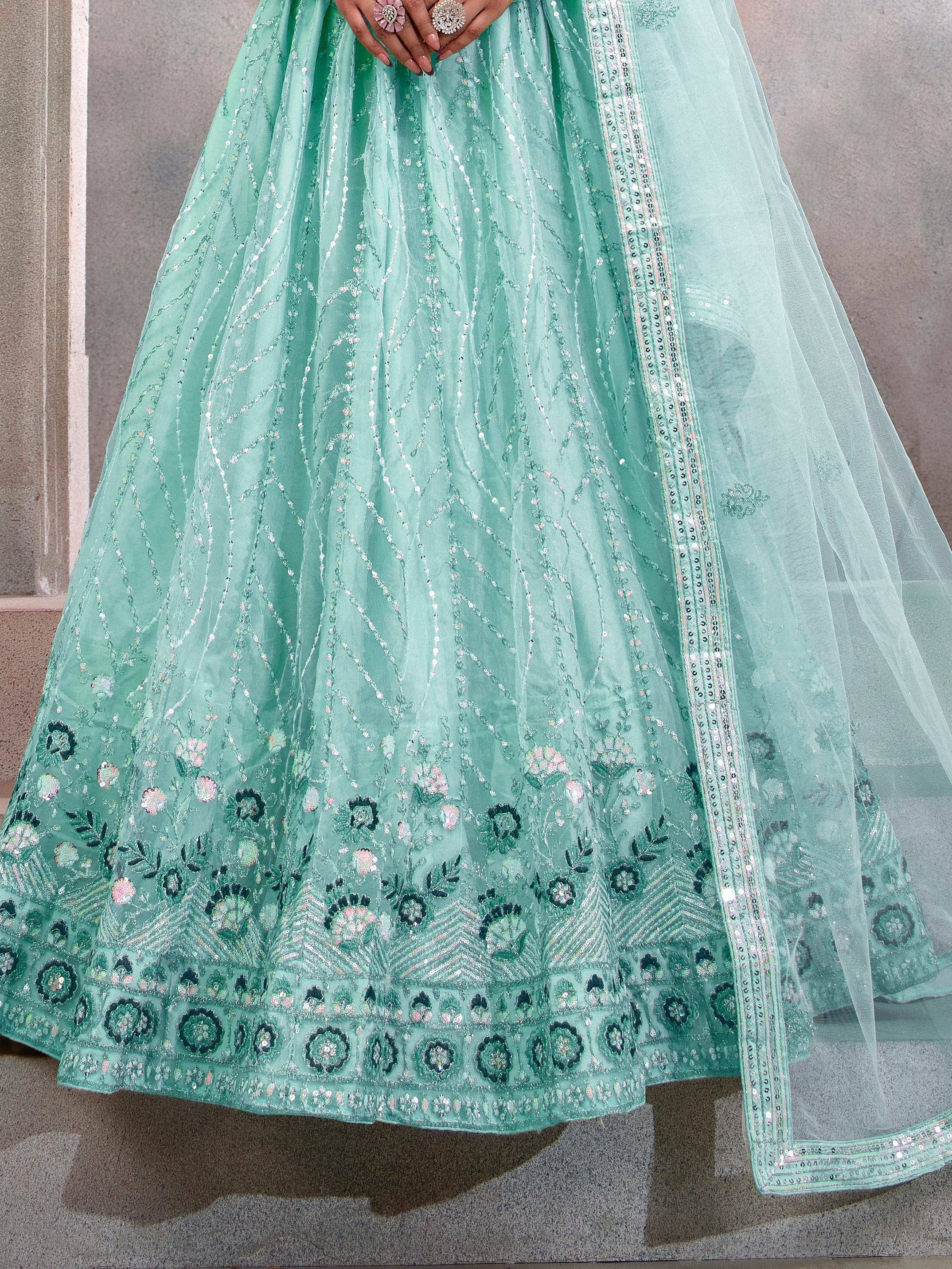Mint green embroidered lehenga with floral sequin detailing and sheer dupatta for Indian ethnic wear