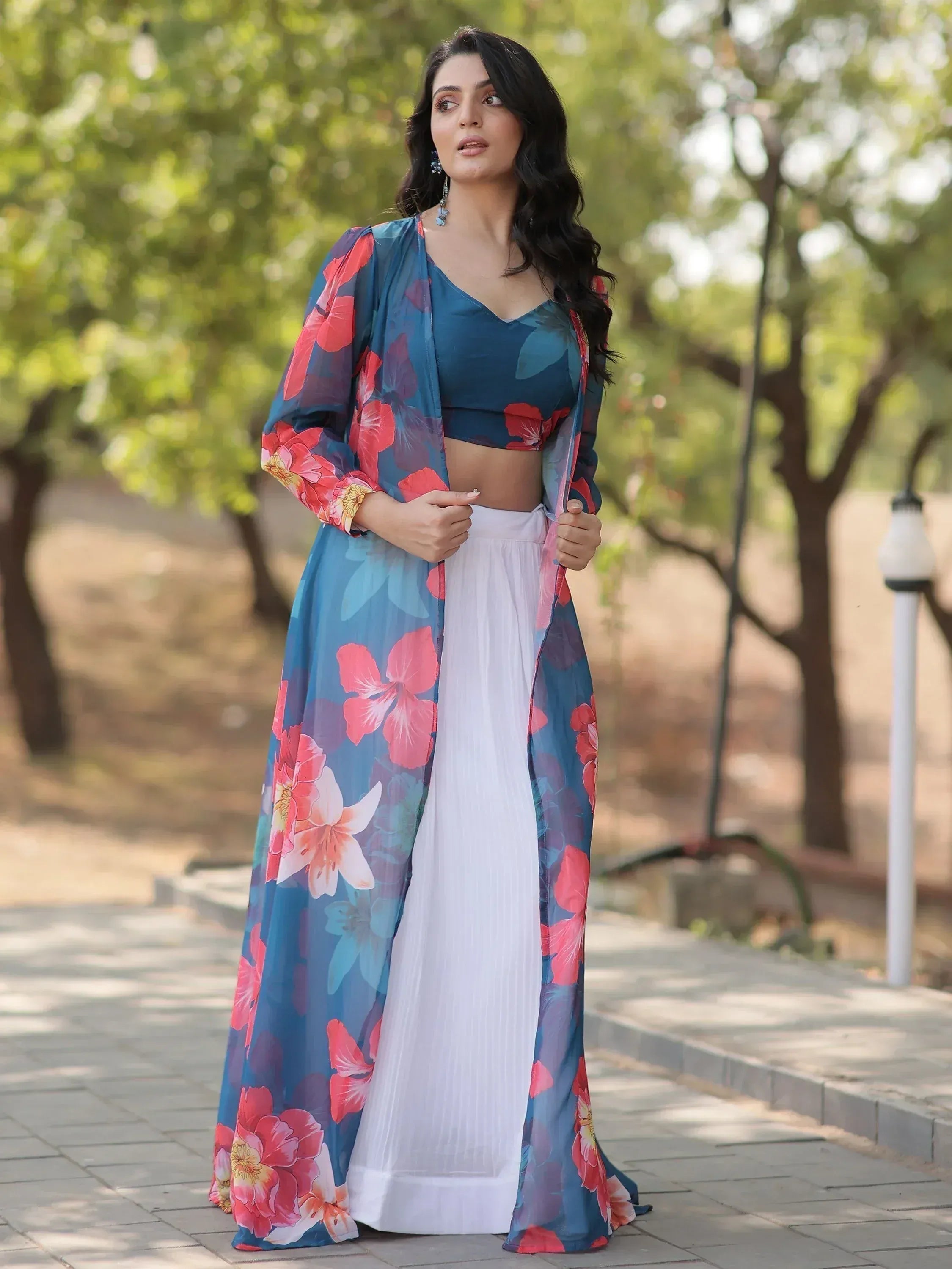 Floral print ethnic gown with white palazzo pants, perfect for Indian occasions and events