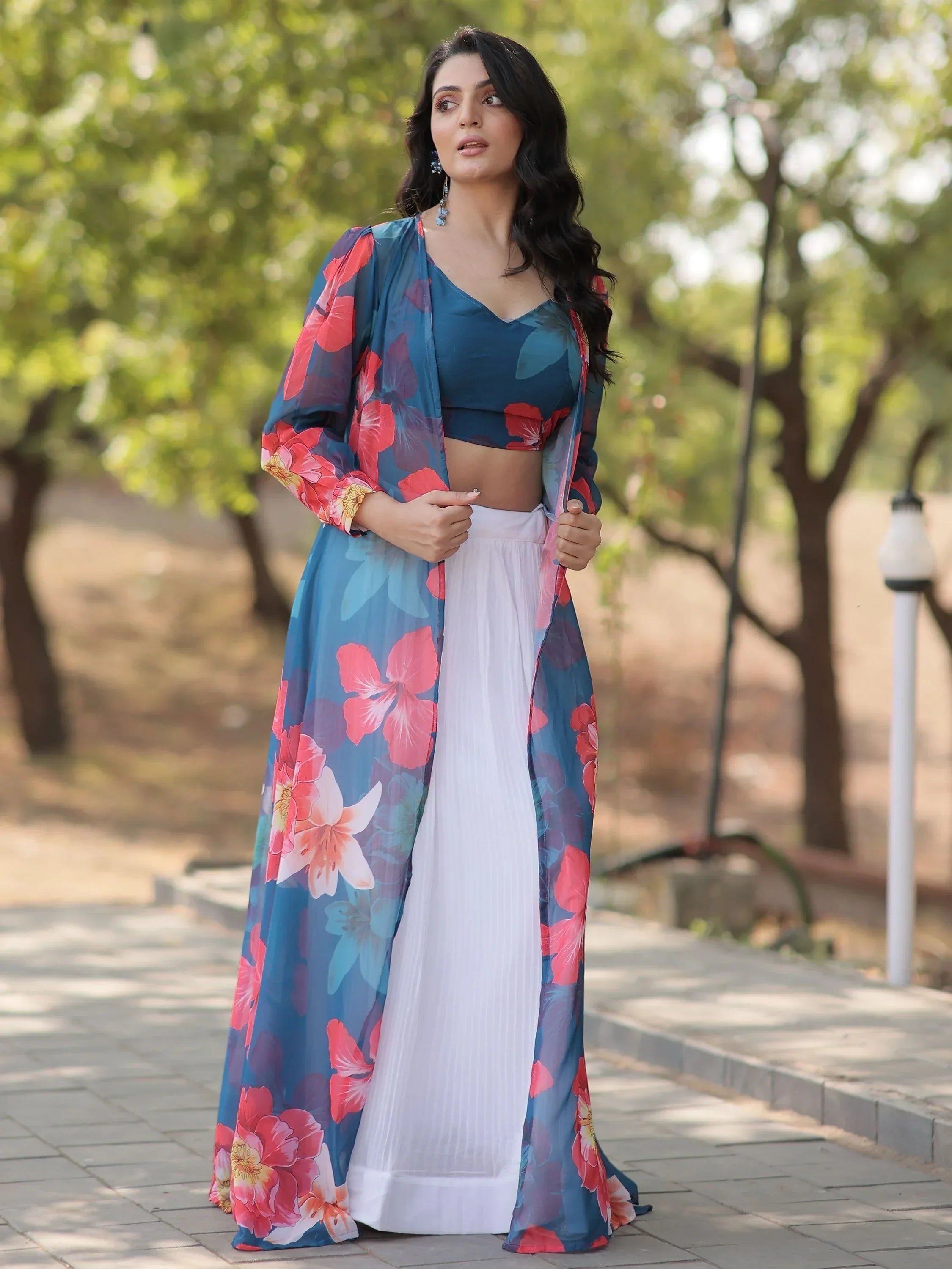 Amazing White Georgette Function Wear Crop Top Lehenga With Jacket - Ethnic Plus In