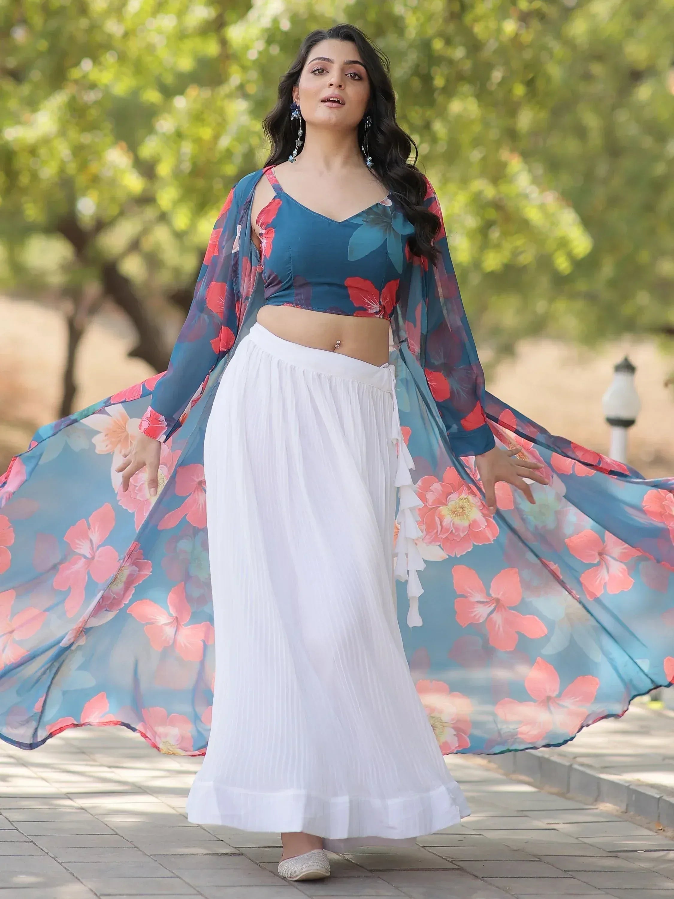 Floral print ethnic crop top with white pleated skirt and sheer dupatta, perfect for Indian wear