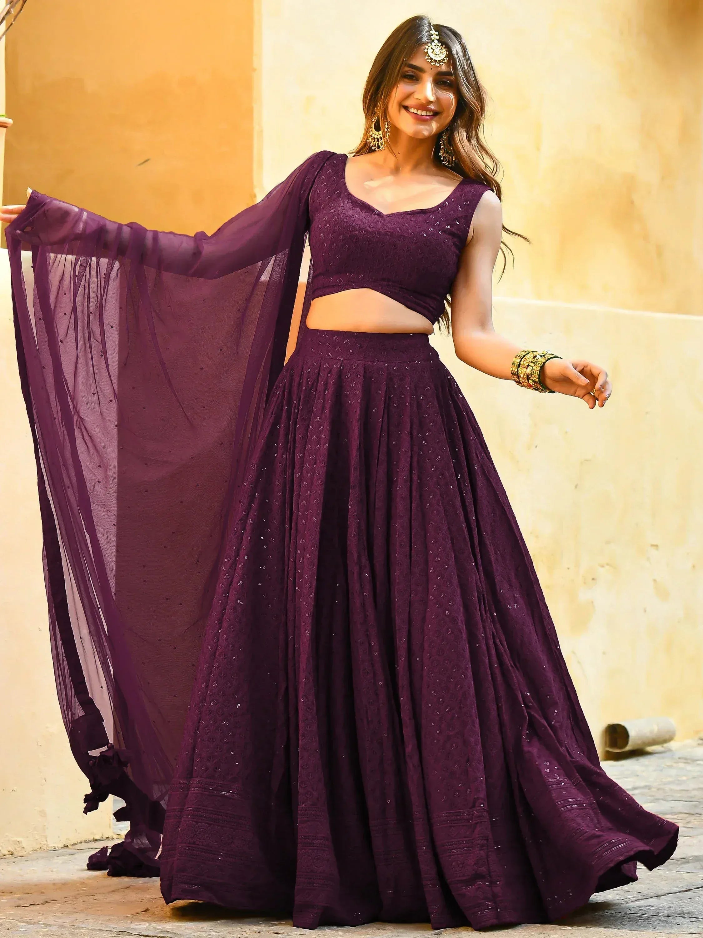 Purple embroidered lehenga choli with sheer dupatta, Indian ethnic wear for women