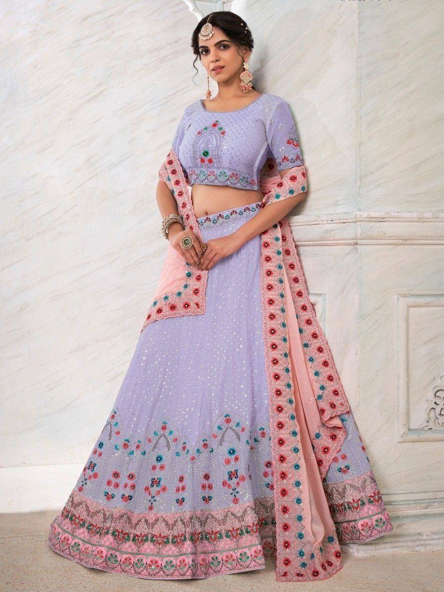 Lavender designer lehenga choli with floral embroidery and pink dupatta, perfect for Indian ethnic occasions