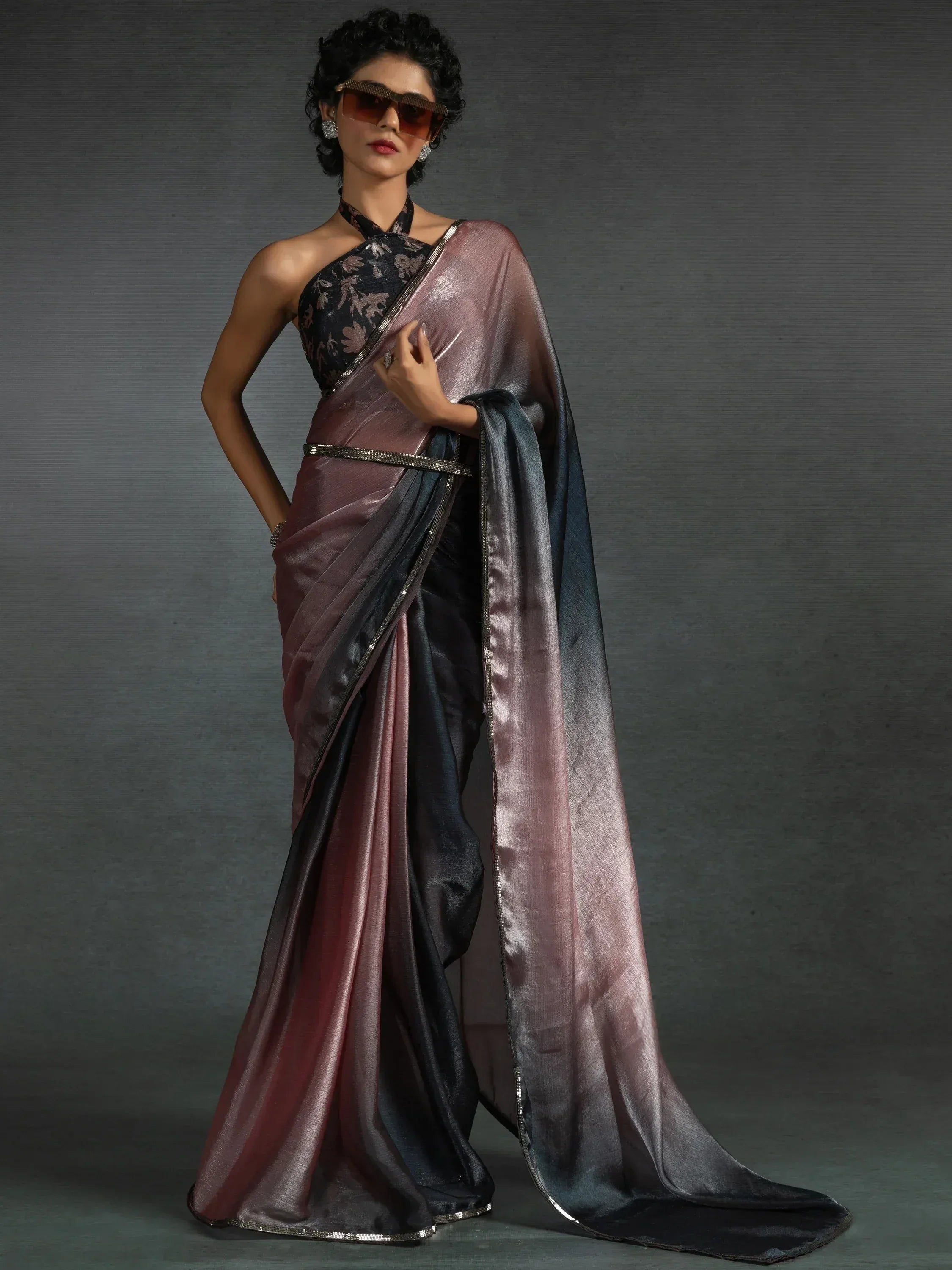 Stylish black and mauve ombre saree with floral blouse, perfect for Indian ethnic wear occasions