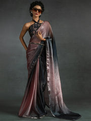 Amazing Pink & Grey Satin Reception Wear Pre-Stitched Saree