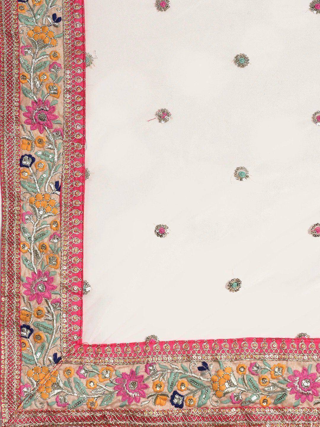 White ethnic dupatta with pink floral embroidery and mirror work, perfect for Indian wear