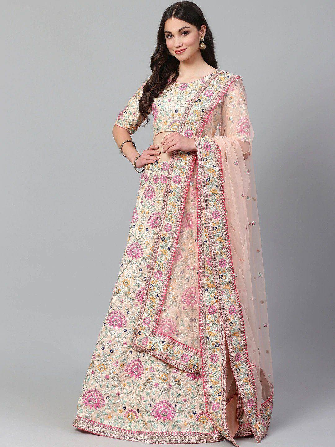 Floral embroidered lehenga choli with pink border and sheer dupatta, Indian ethnic wear