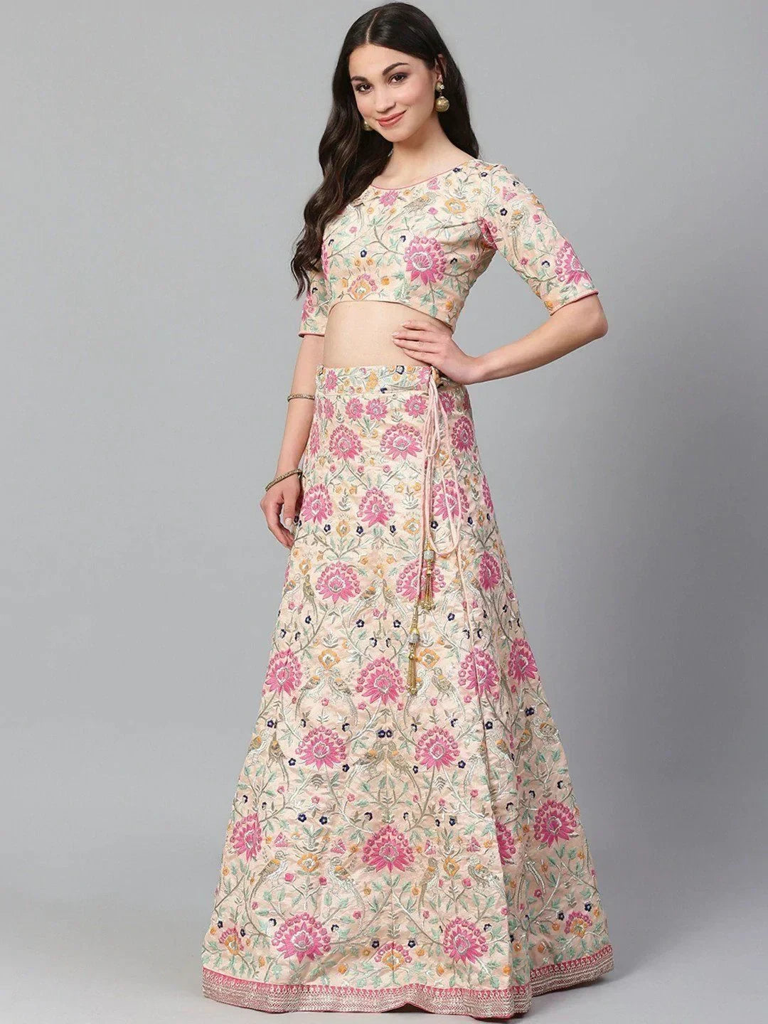 Peach-Coloured & Pink Embroidered Semi-Stitched Myntra Lehenga & Unstitched Blouse with Dupatta