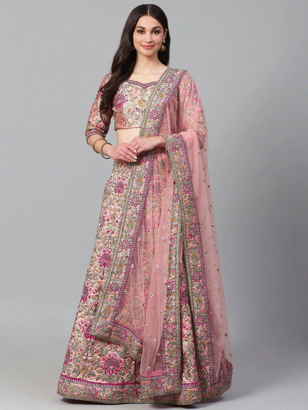 Pink floral embroidered lehenga choli with net dupatta, Indian ethnic wear for weddings and festivals