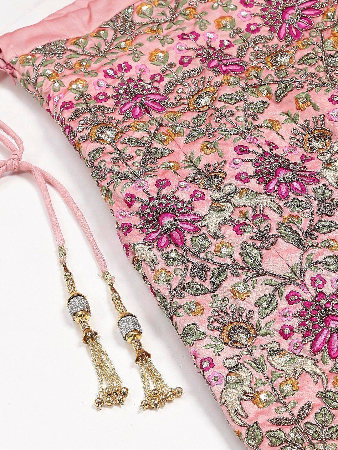 Pink floral embroidered lehenga with zari work and tassel drawstrings, Indian ethnic wear