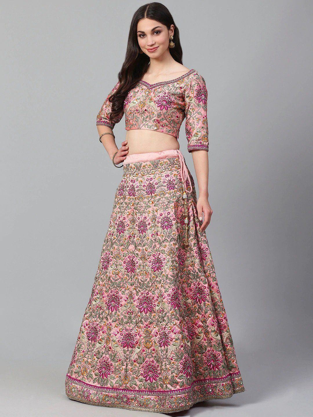 Peach & Golden Semi-Stitched Myntra Bridal Lehenga & Unstitched Blouse with Dupatta