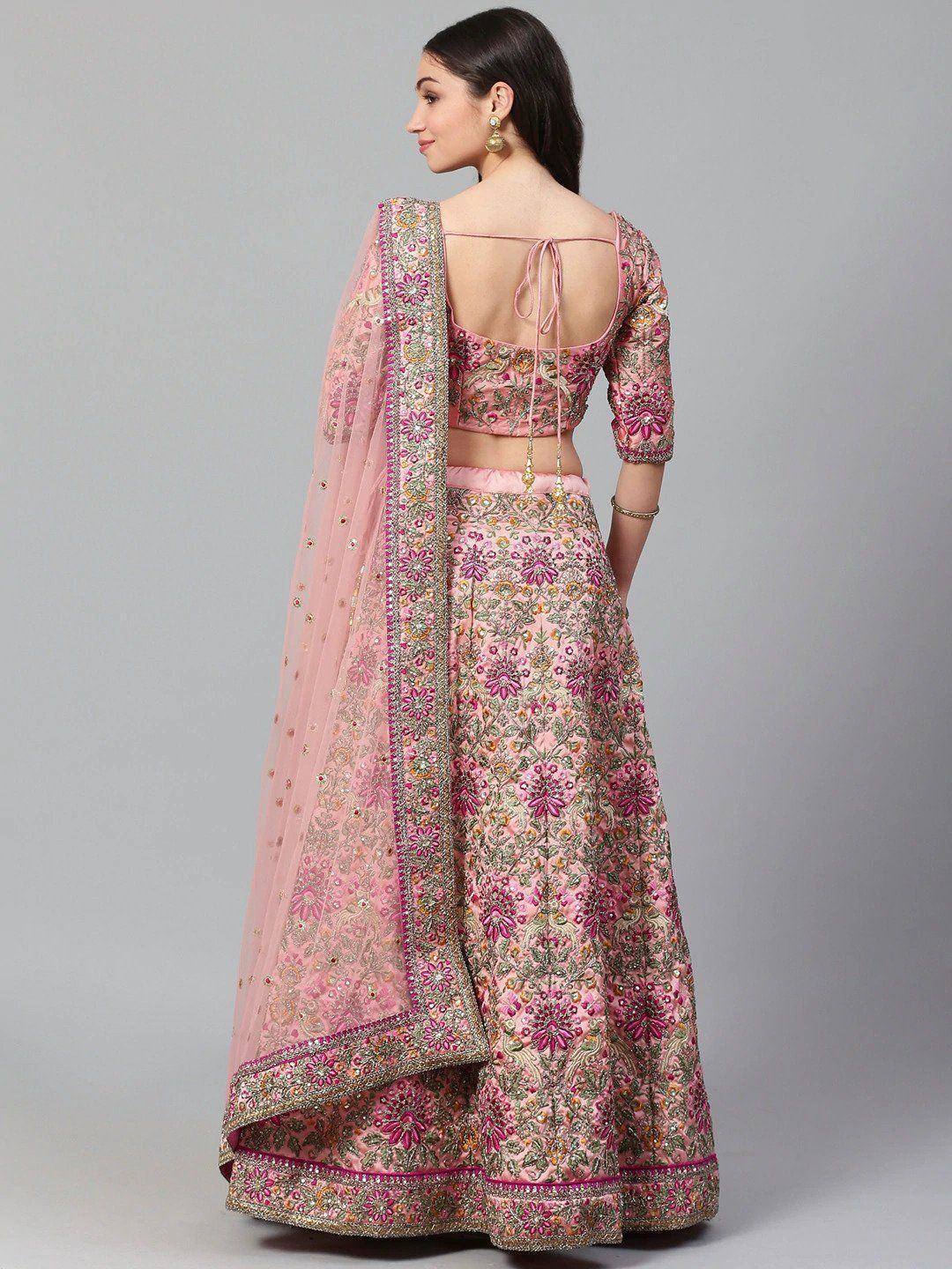 Pink floral embroidered lehenga choli with back tie blouse and dupatta, ethnic Indian wear