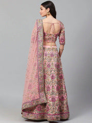 Peach & Golden Semi-Stitched Myntra Bridal Lehenga & Unstitched Blouse with Dupatta