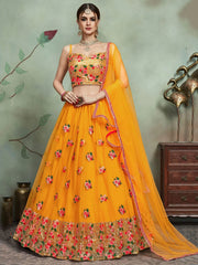 Mustard Yellow Sequins Net Bridal Lehenga Choli