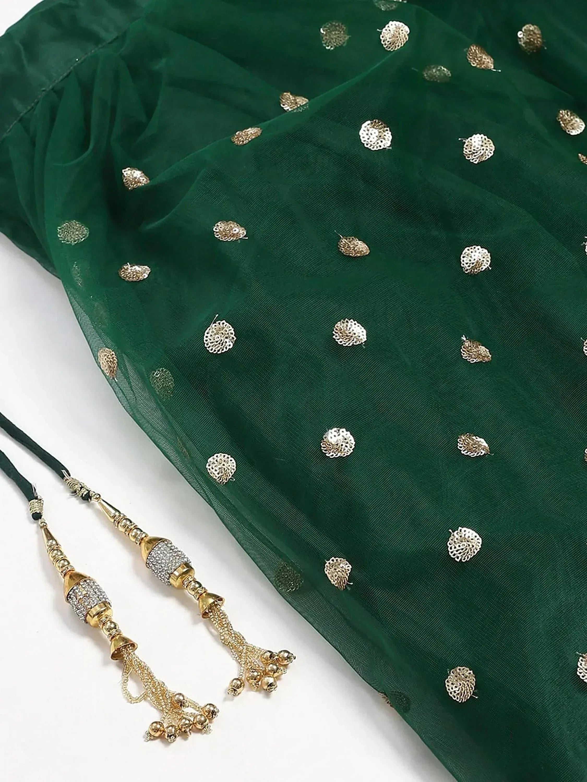 Emerald green ethnic dupatta with gold floral embroidery and tassels, perfect for Indian wear