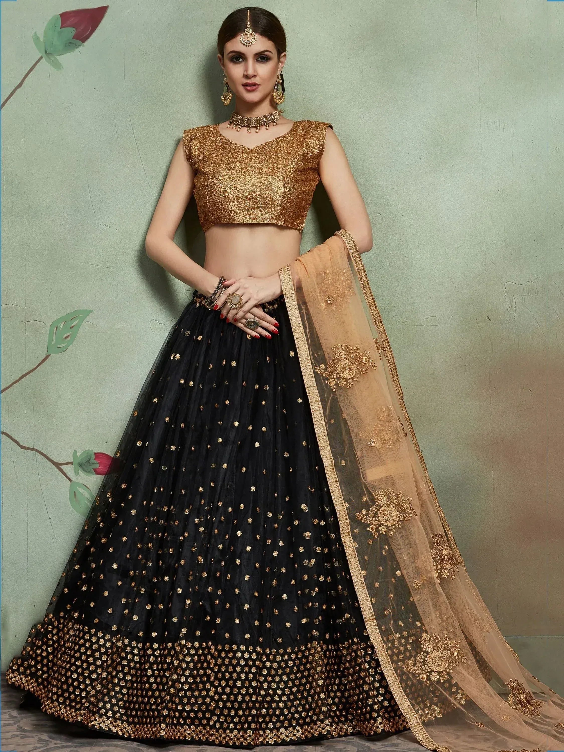 Black and gold embroidered lehenga choli with sheer dupatta, Indian ethnic wear for weddings