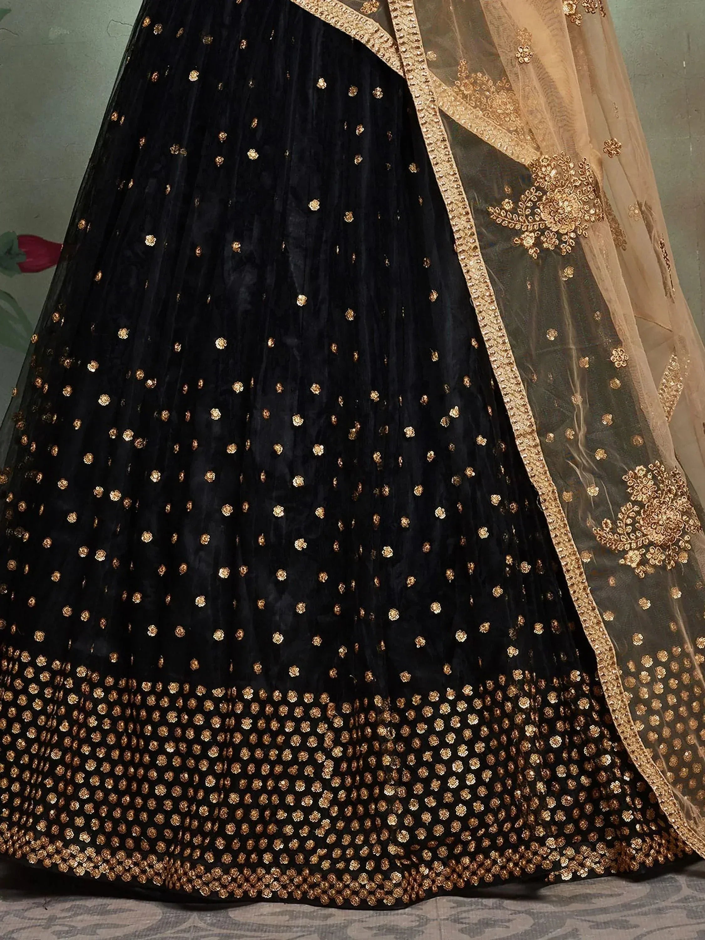 Black velvet lehenga with gold floral embroidery and sheer dupatta, Indian ethnic wear