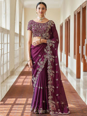 Attractive Purple Dori Work Crepe Engagement Wear Saree With Blouse