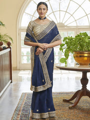 Sweet Navy Blue Zari Work Organza Party Wear Saree With Blouse