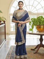 Sweet Navy Blue Zari Work Organza Party Wear Saree With Blouse
