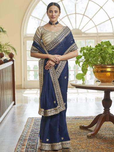 Sweet Navy Blue Zari Work Organza Party Wear Saree With Blouse