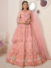 Charming Pink Thread Work Net Engagement Wear Lehenga Choli