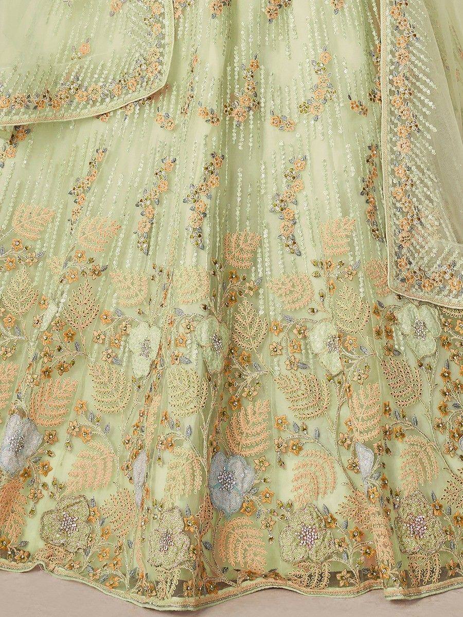 Light green embroidered lehenga with floral zari and sequin detailing, perfect for Indian ethnic wear
