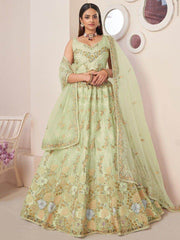 Entrancing Sea Green Sequins Net Mehendi Wear Lehenga Choli