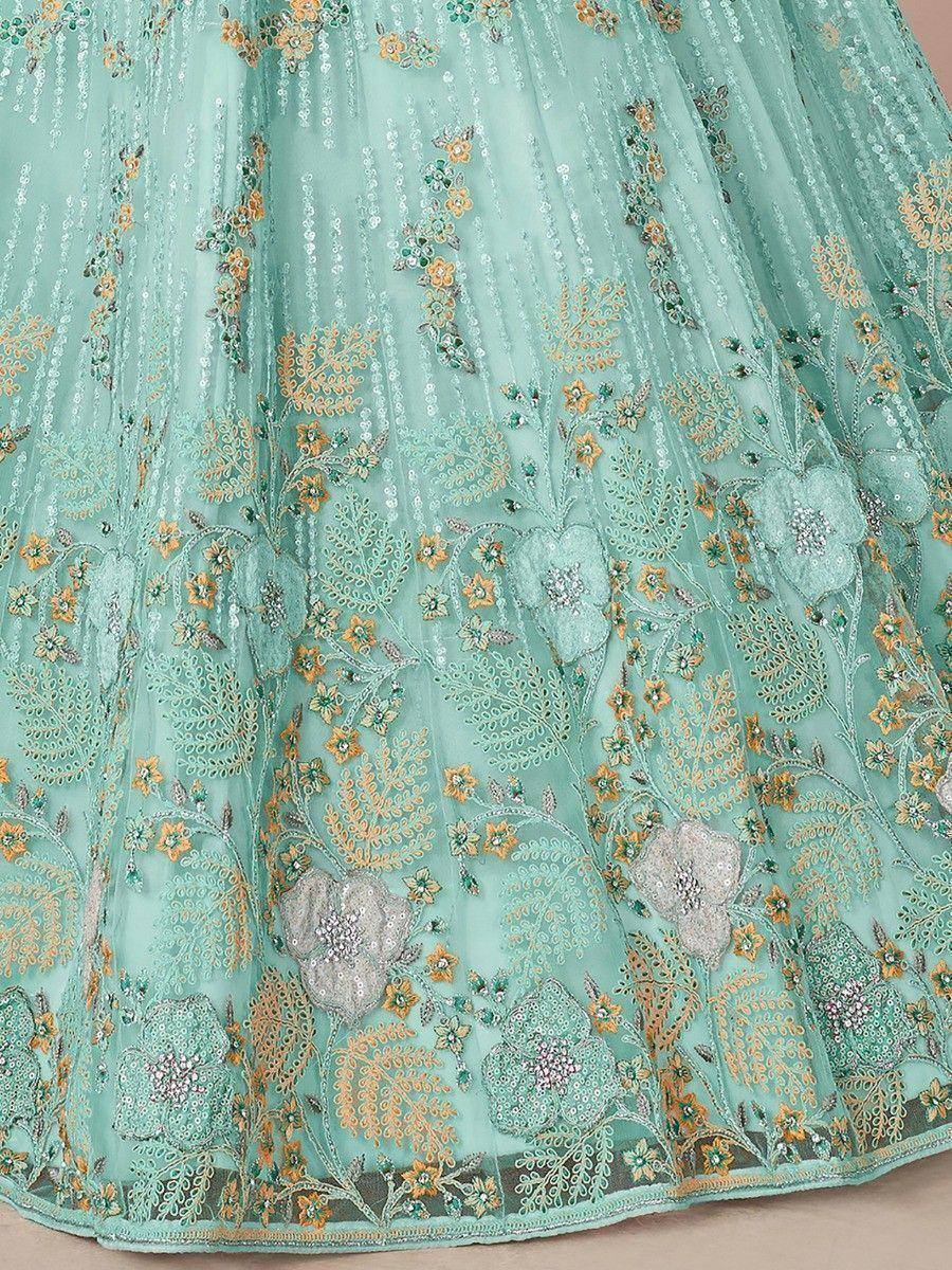 Mint green lehenga with gold floral embroidery and sequin detailing, perfect for Indian ethnic wear