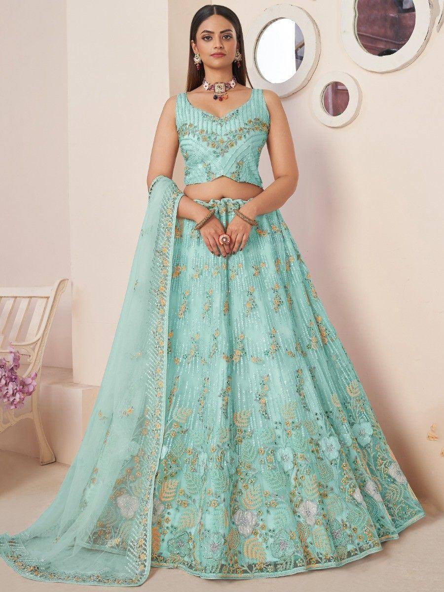 Mint green designer lehenga choli with gold floral embroidery and matching dupatta for Indian ethnic wear