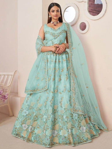 Magnetic Sky-Blue Sequins Net Sangeet Wear Lehenga Choli