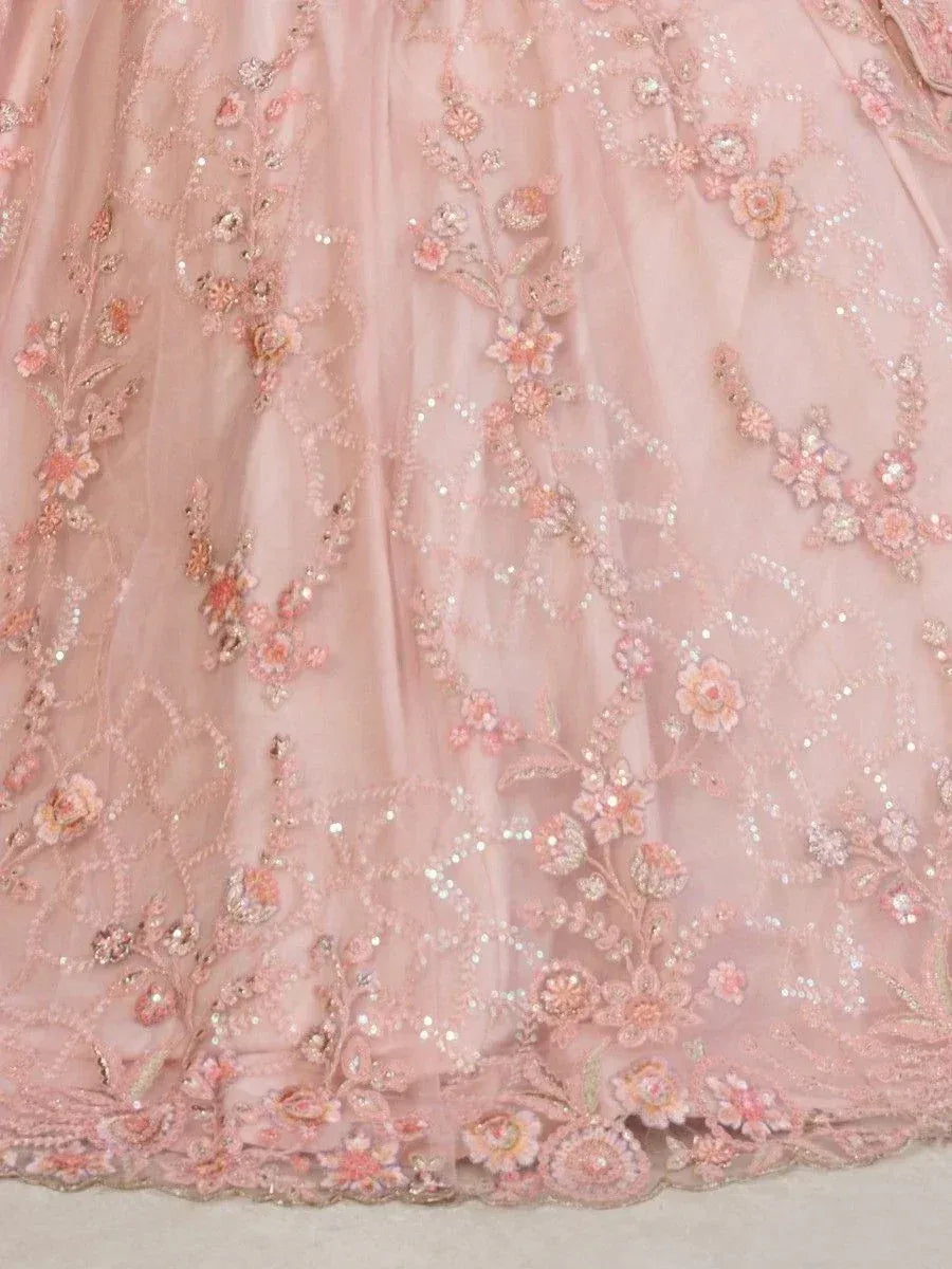 Pink floral embroidered lehenga with sequins and lace detailing for Indian ethnic wear