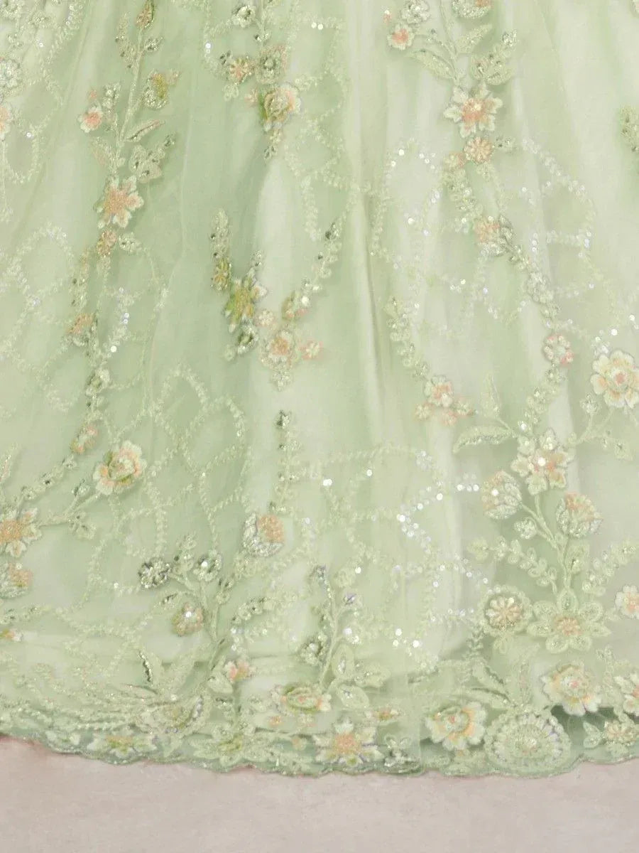 Mint green embroidered lehenga with floral sequin detailing, perfect for Indian ethnic wear occasions