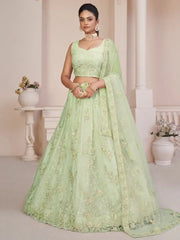 Alluring Pista Green Sequins Net Lehenga Choli With Dupatta
