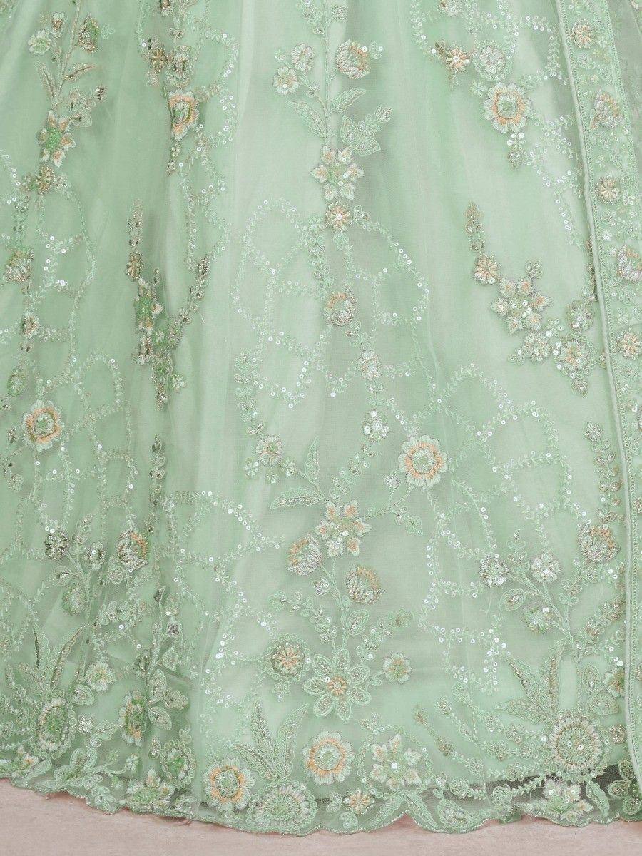 Mint green embroidered lehenga with floral sequin detailing, perfect for Indian ethnic wear occasions.