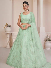 Captivating Turquoise Thread Work Net Reception Wear Lehenga Choli