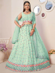 Gorgeous Turquoise Thread Work Net Lehenga Choli With Dupatta