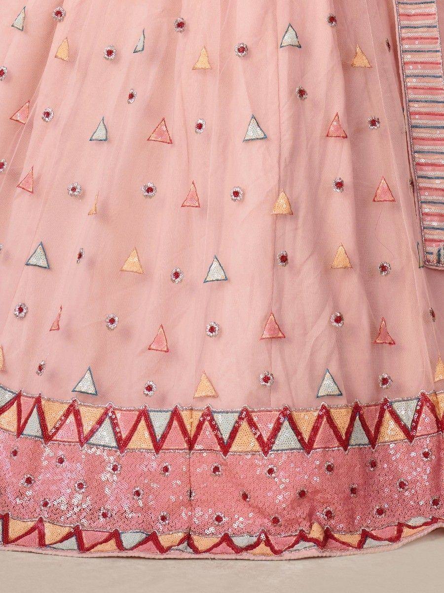 Pink embroidered lehenga with geometric triangle motifs and sequin border detailing