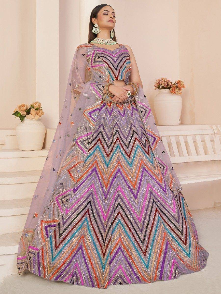 Designer lehenga choli with colorful zigzag embroidery, perfect for Indian ethnic wear events