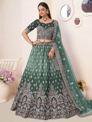 Marvelous Green Thread Work Satin Mehendi Wear Lehenga Choli